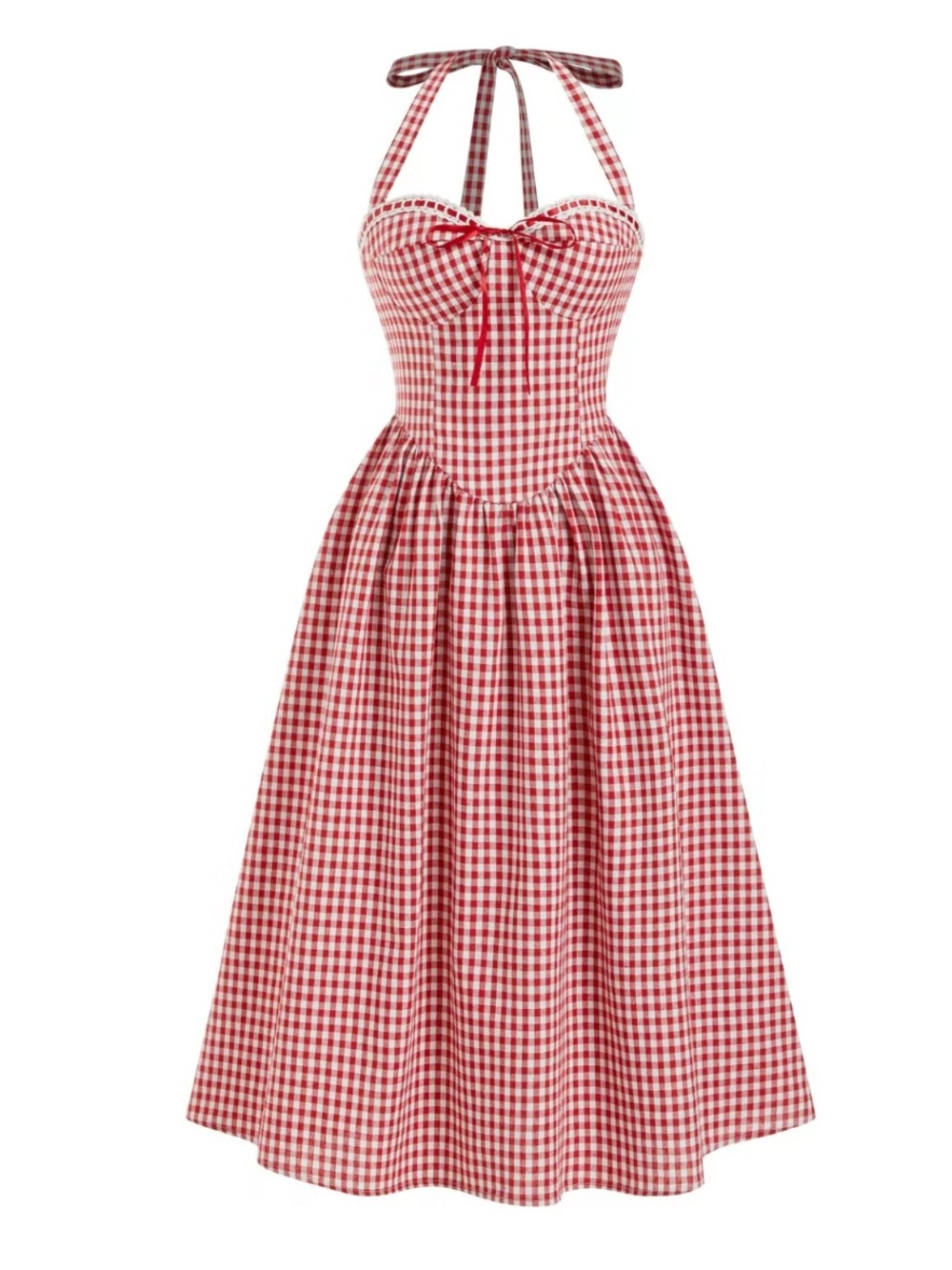 Cider Red and White Gingham Halter Maxi Dress